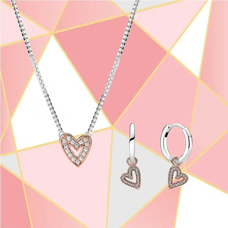 

2022 New 100% High Quality S925 Sterling Silver Sparkling Hand Painted Heart Necklace Earrings Set Women's Delicate Jewelry