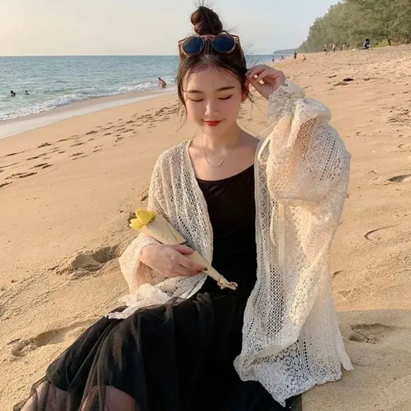 여성용 얇은 자외선 차단 가디건, 한국 레이스업 오픈 워크 블라우스, 홀리데이 비치 데일리 긴팔 블라우스, 여름 달콤한