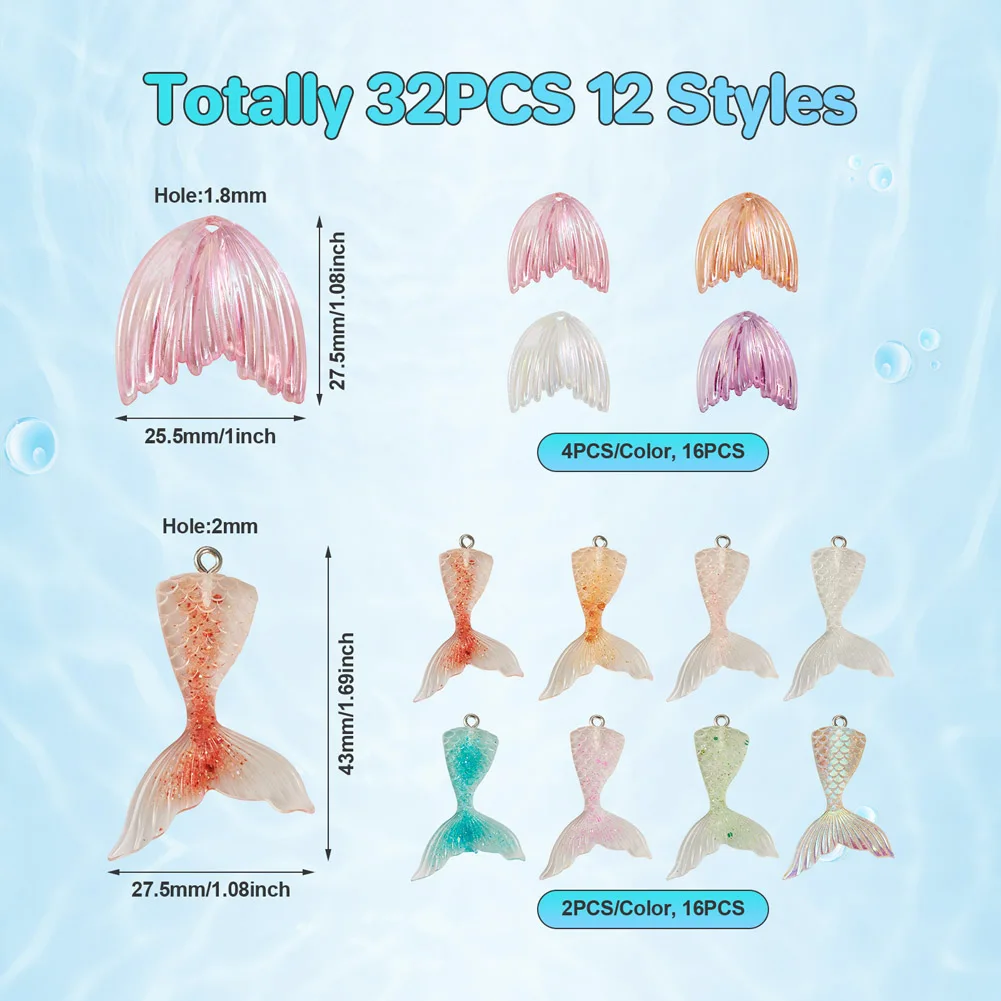 32pcs Resin Mermaid Tail Charms Fishtail Flatback Acrylic Pendant with Glitter Powder for Earring Necklace DIY Jewelry Making