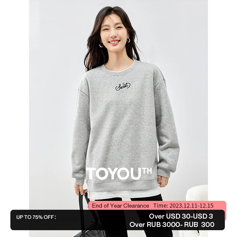 

Toyouth Women Fake Two Piece Plush Sweatshirt 2023 Winter Long Sleeve O Neck Loose Hoodies Letter Print Casual Versatile Tops