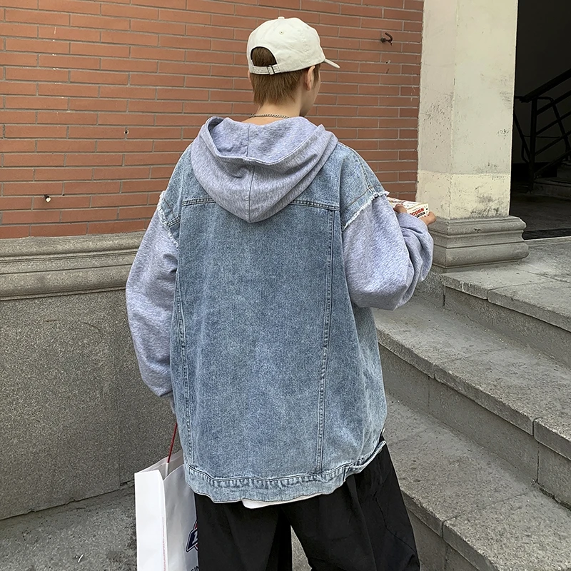 

Long Sleeve Sweater Spliced Jean Jacket Men Loose Fashion Vintage Patchwork Casual Autumn/winter Pullovers Hooded Coat Harajuku