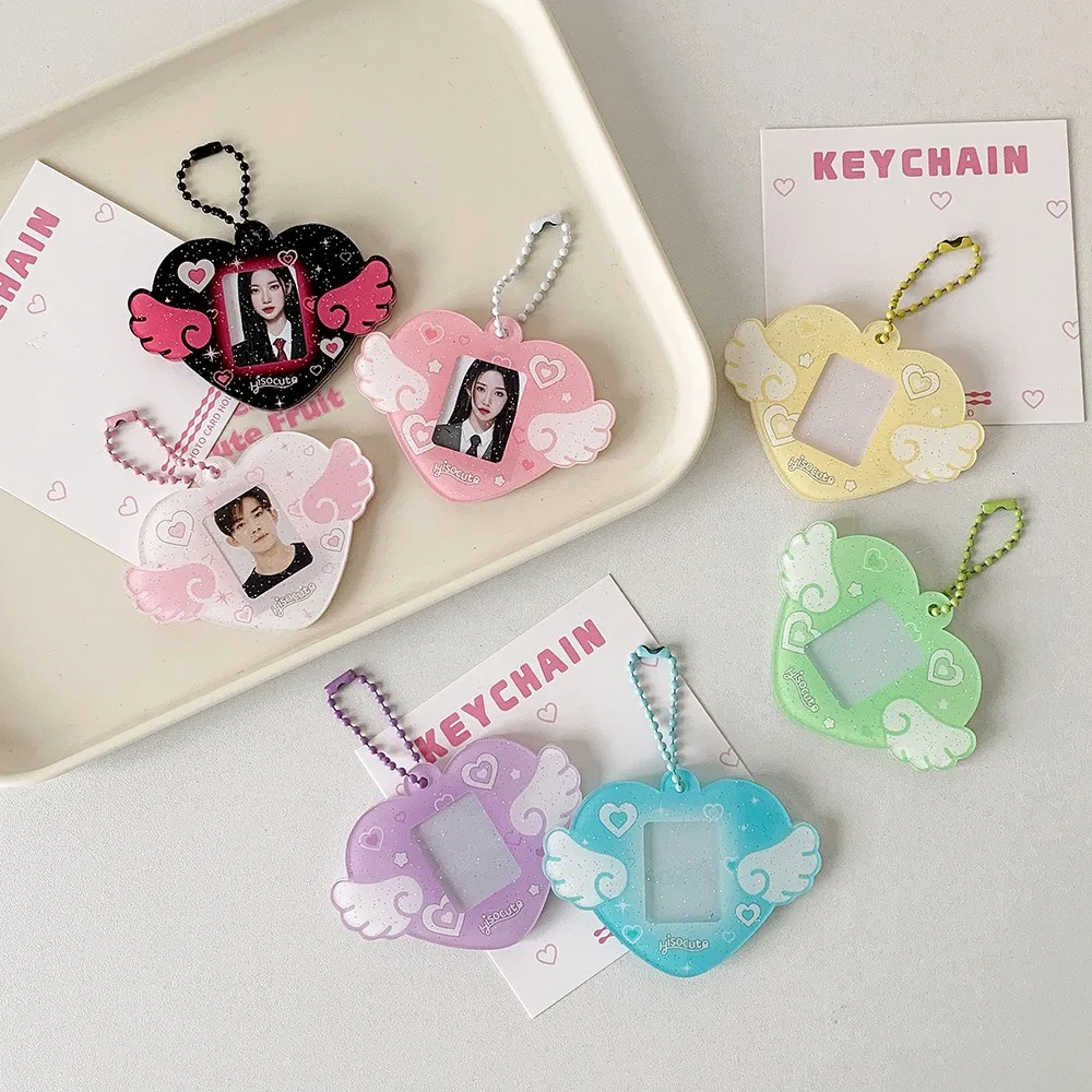 Portable Glitter Star Photocard Holder Keychain 1-Inch ID Card Case for Kpop Idol Photos