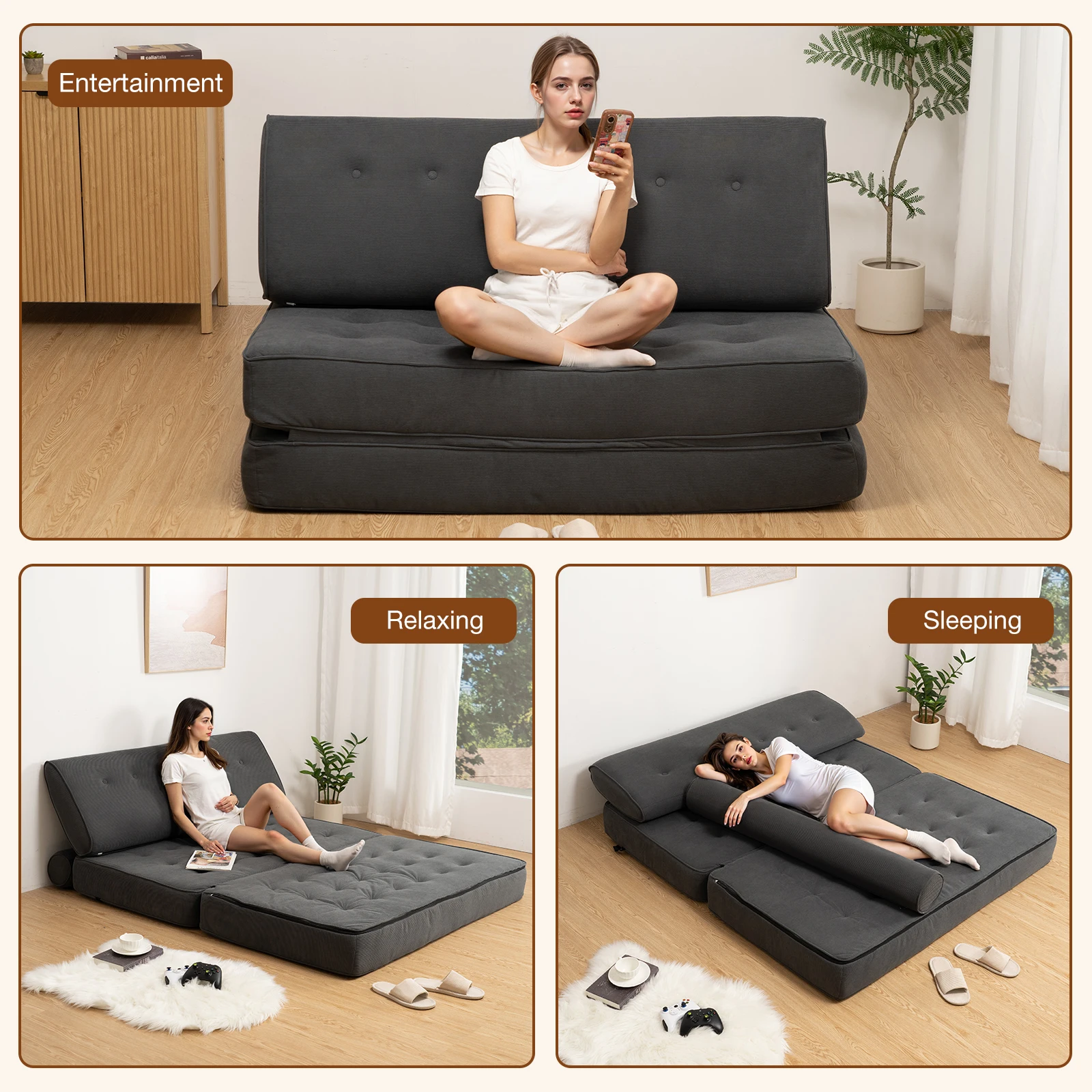 Klappbares Schlafsofa in Queensize, Verwandelbarer Sessel mit Hochdichter Schaumstofffüllung und Kissen, Sessel-Bett für Wohnzimmer – Detail 4