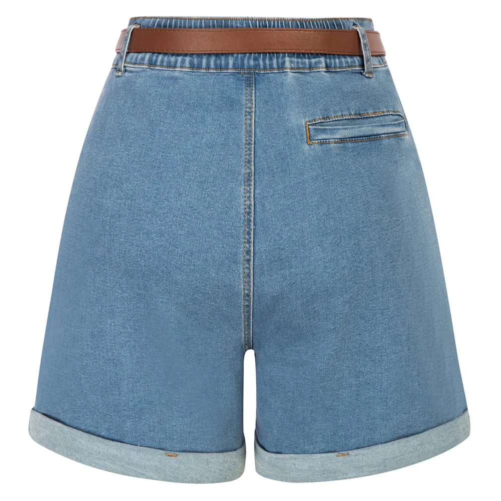 BP Women Retro Short Jeans With Belt High Waist Fold Over Leg Opening Shorts Casual Loose Denim Shorts Streetwear A30