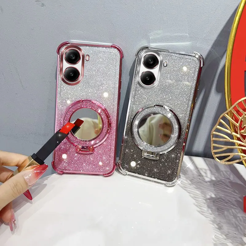 Glitter Shockproof Phone Case with Mirror Stand and Beaded Strap