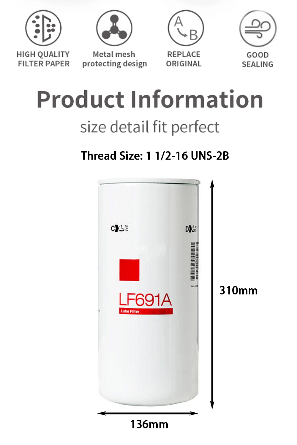 Description Picture 3 of itemLF691A P551808 P554005 1R0716 2P4005Oil Filte For Marine Generator For Fleetguard FJ-3029 DO935 EF-42007 PH3335 OC484