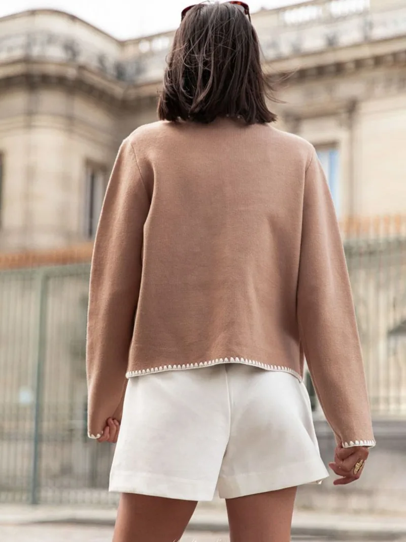 Cárdigan de punto de retazos para mujer, elegante abrigo de otoño para mujer, cuello redondo, manga larga, chaqueta de calle cálida para invierno para mujer, novedad de 2025