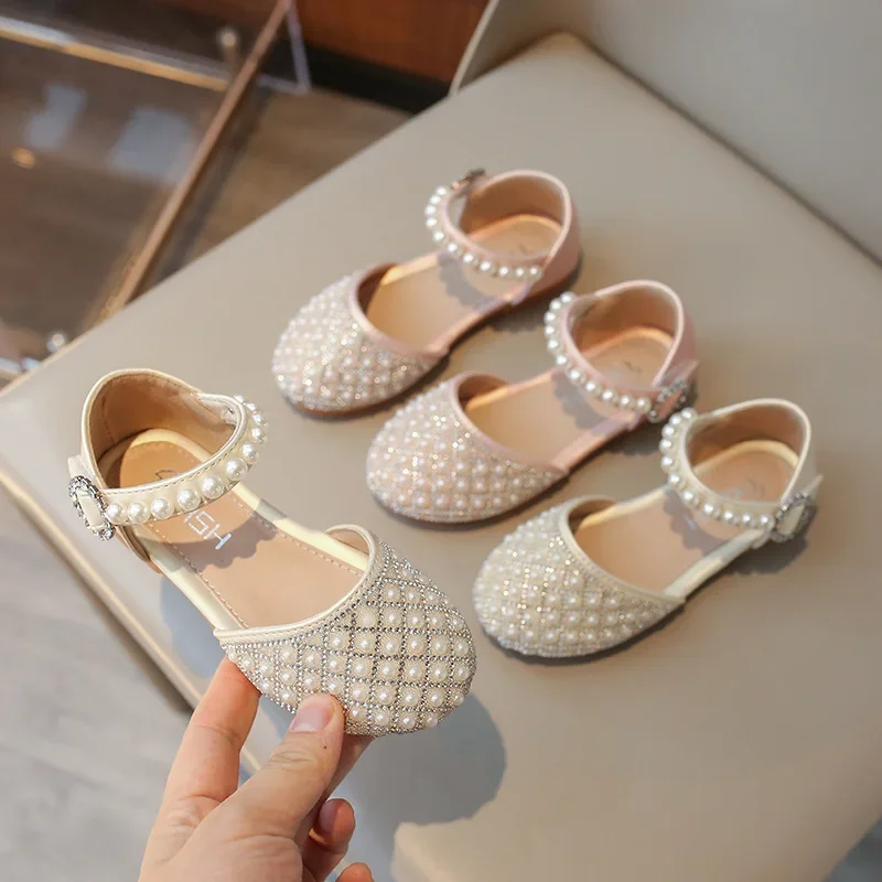 Children Party Flat Sandals Summer Rhinestone Pearl Sandals for Kids Girls Fashion Luxury Princess Causal Wedding Dress Shoes 3