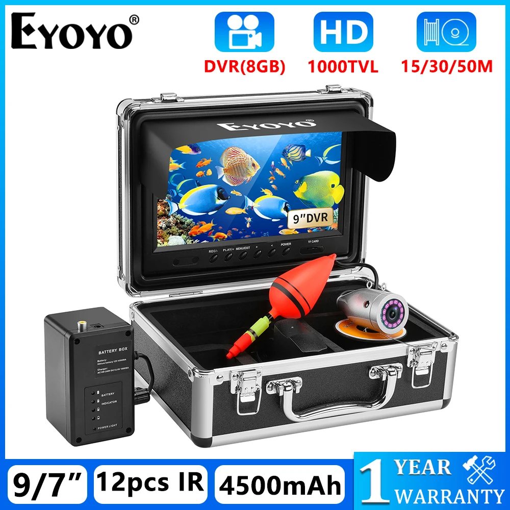 Eyoyo Underwater Video Fishing Waterproof Camera Kit 1000TVL Portable DVR  Fish Finder 9/7 Inch Monitor,12pcs IR Lights,8GB Card
