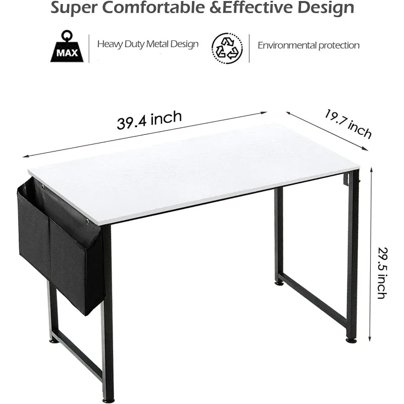 Computer Desk White Writing Table for Small Spaces Home Office 39 Inch Modern Study PC Desk with Storage Bag H 3