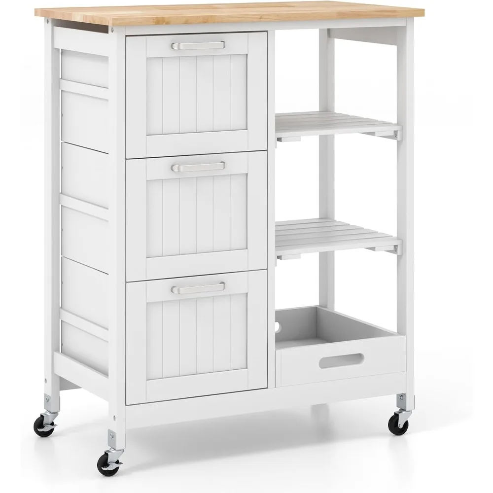 Kitchen Storage Island Cart on Wheels, Kitchen Rolling Trolley Cart with 3 Drawers and Shelves, 360&deg; Wheels & Detachable