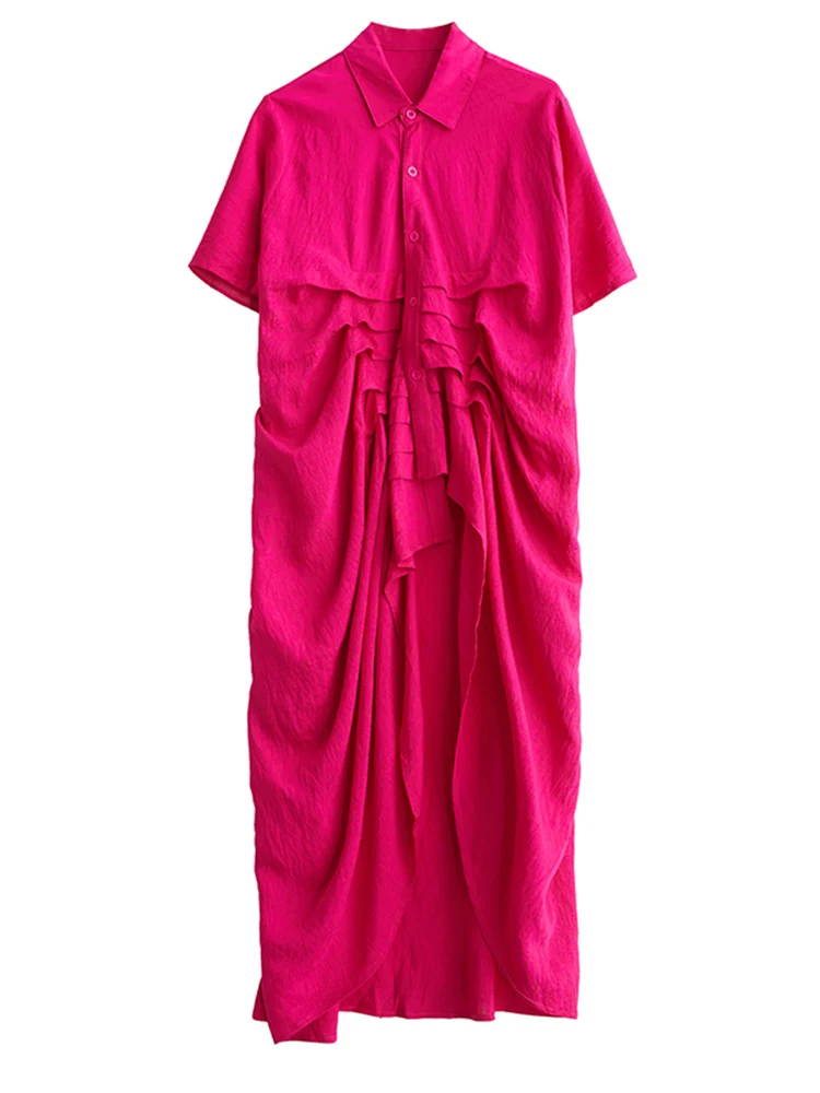 2025 Spring Summer New Red Vintage Irregular Shirt Dresses For Women Short Sleeve Loose Casual Dress Elegant Fashion Clothing