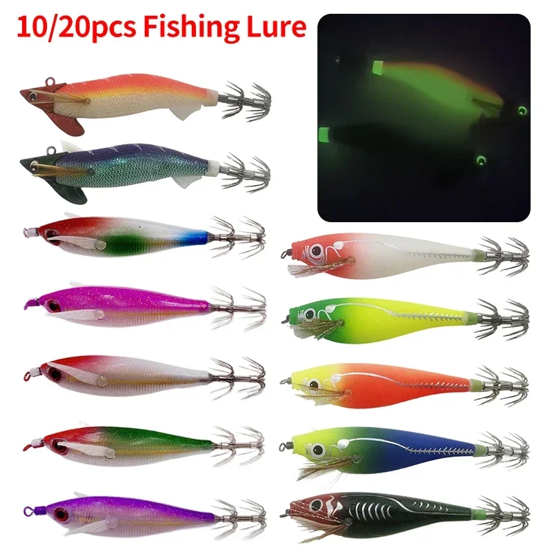 

10/20Pcs Squid Jigging Fishing Lure Artificial Wood Shrimps Lure Squid Hook Cuttlefish Bait Sea Fishing Tool Luminous Pesca