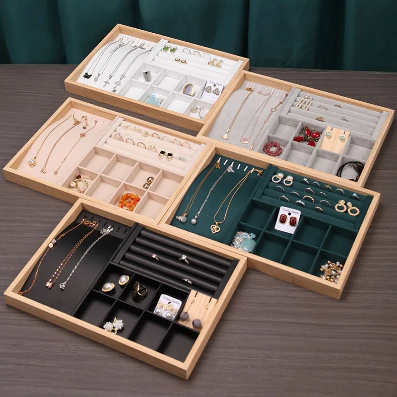 

Flannel Velvet Black PU Bamboo Multifunction Jewelry Display Tray Ring Necklace 8 Slots Jewelry Storage Display Tray