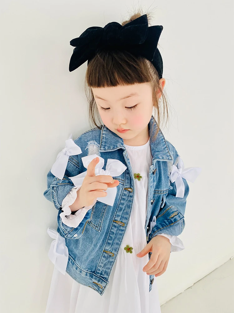 top Outerwear & Coats imakokoni original cute bow denim jacket long-sleeved round neck cardigan spring and autumn girls' clothing 22812 lightweight quilted jacket