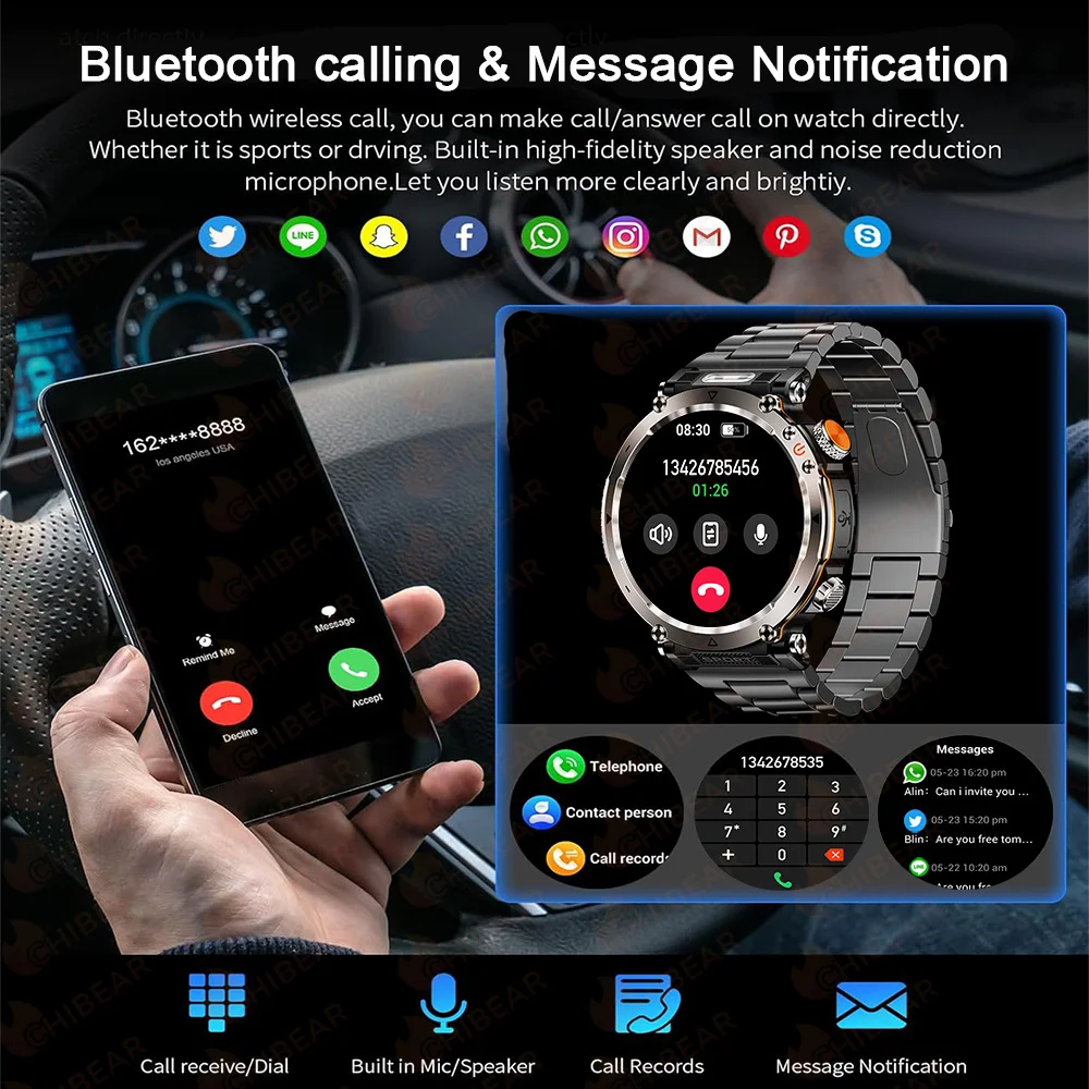 5ATM Waterproof Smart Watch Men 600mAh Outdoor SmartWatch GPS Compass Heart rate LED Flashlight Bluetooth Call Sports Smartwatch