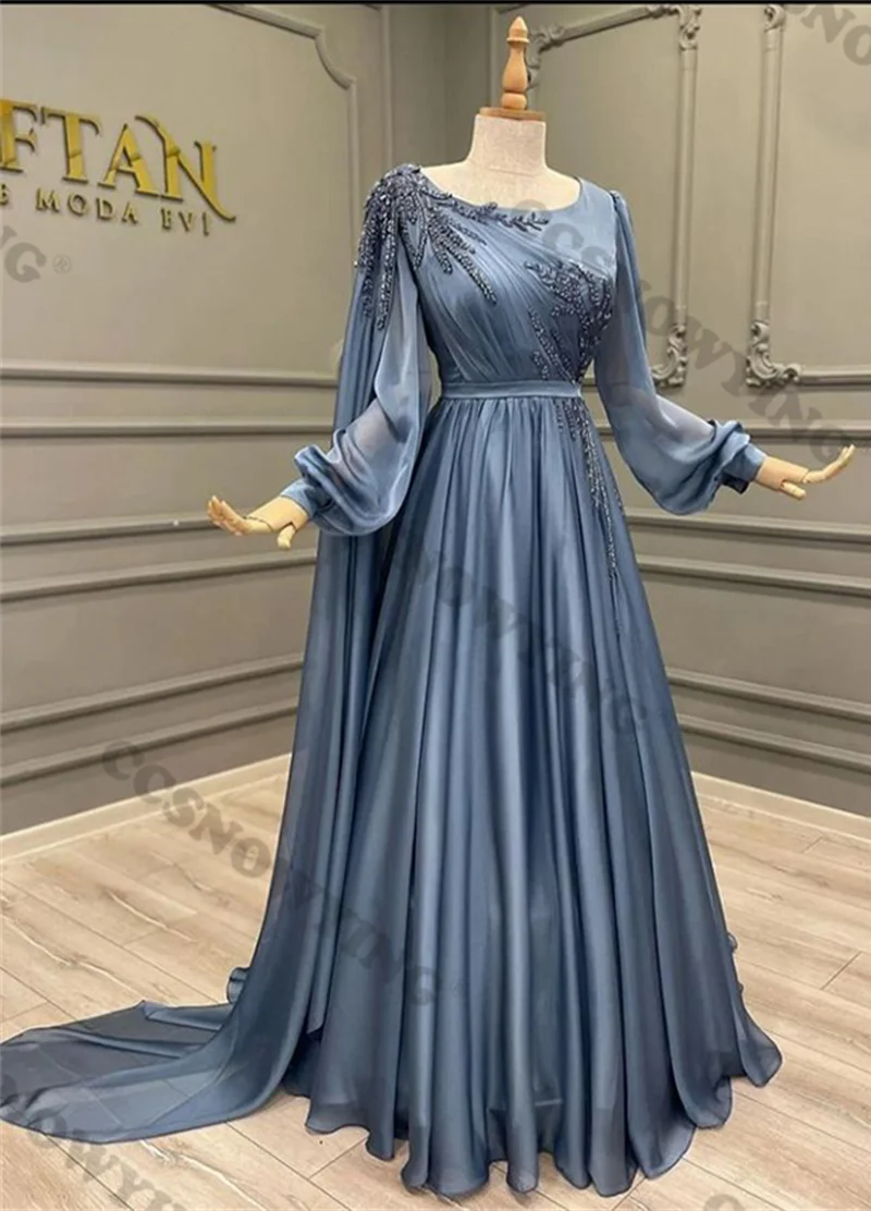 

Chiffon Appliques Muslim Evening Dresses Hijab Long Sleeve Scoop Neck Formal Party Gown Women Arabic Dubai Robe De Soiree