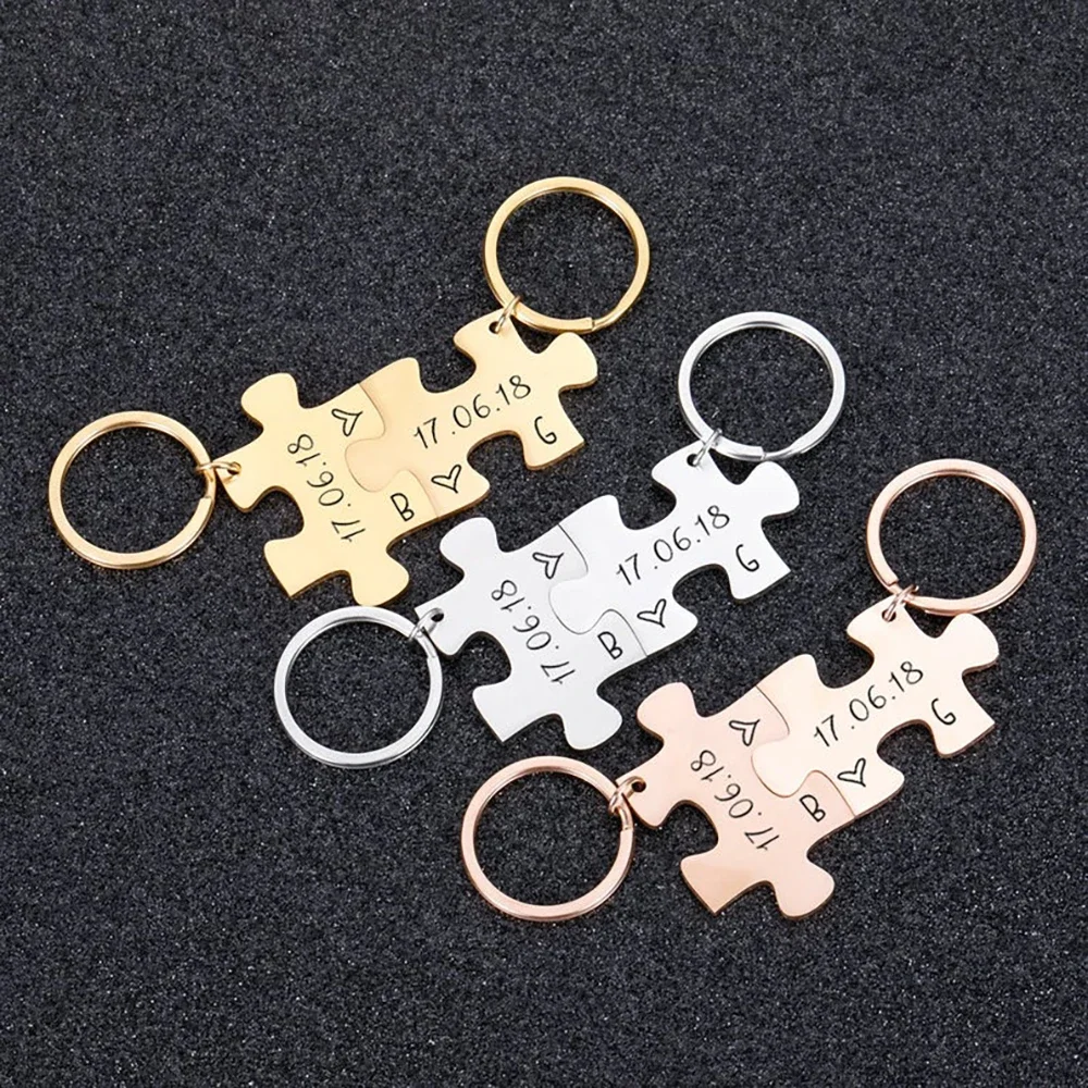 

Customized Name Keychain for Men Personalized Puzzle Couple Stainless Steel Jewelry Key Ring Anniversary Party Gift
