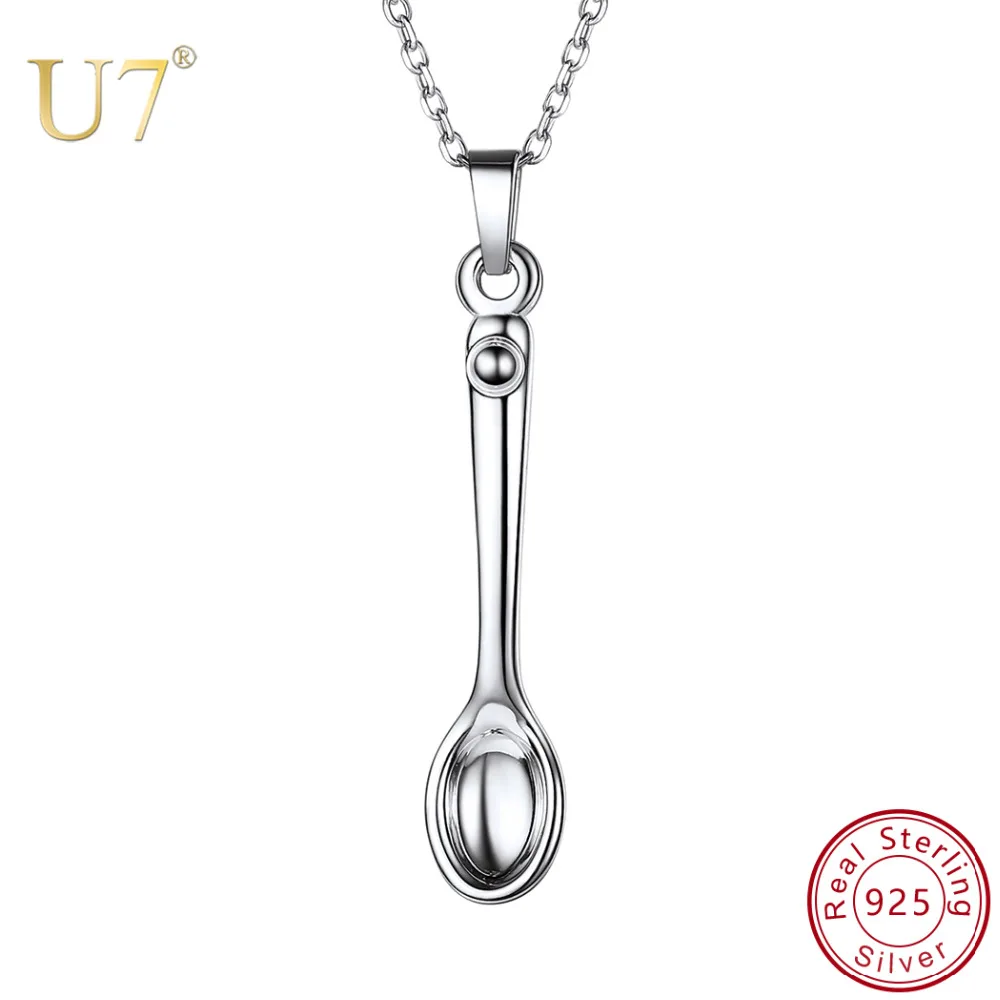 U7 925 Sterling Silver Spoon Shape Charm Necklace Pendant Tableware Choker Chain Thanksgiving