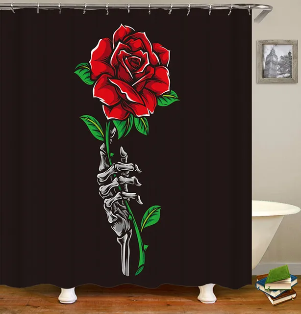 Rose Flower Shower Curtain Set Non-Slip Rugs Bath Mat Toilet Lid Cover and 12 Hooks Waterproof Polyester Bathroom Decor L-1PC Shower Curtain