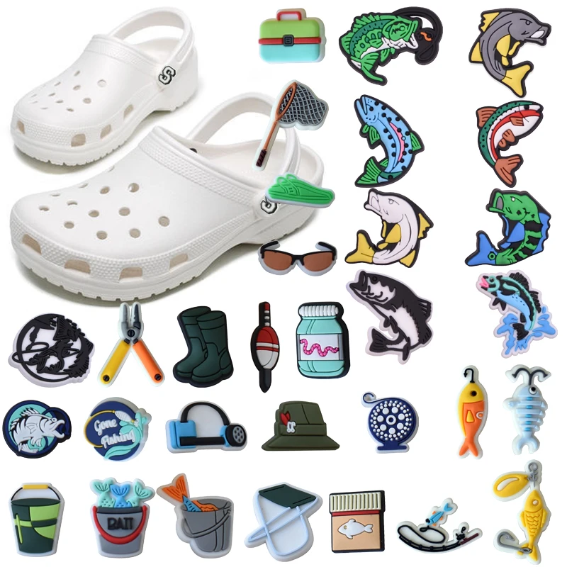 34pack Fishing Theme Pins Croc Shoe Charms For Men Pvc Ornament Cute
