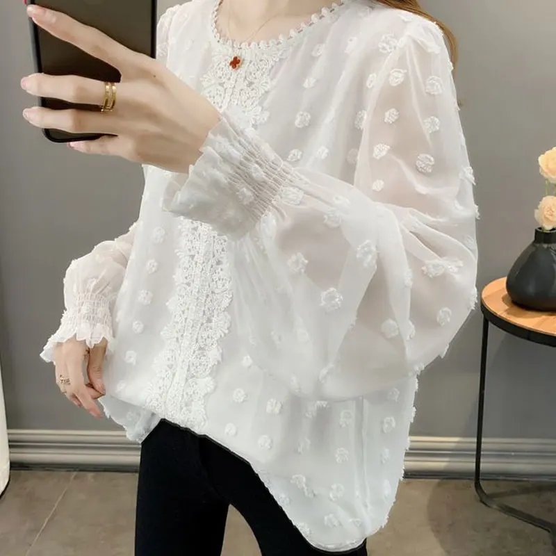 Lace O-Neck Lantern Sleeve White Chiffon Fairycore Style Loose Transparent Blouse Sweet Three-dimensional Printing Women Thin customized productcustomized vinyl stickers transparent label printing custom cosmetic waterproof sticker adhesive logo st