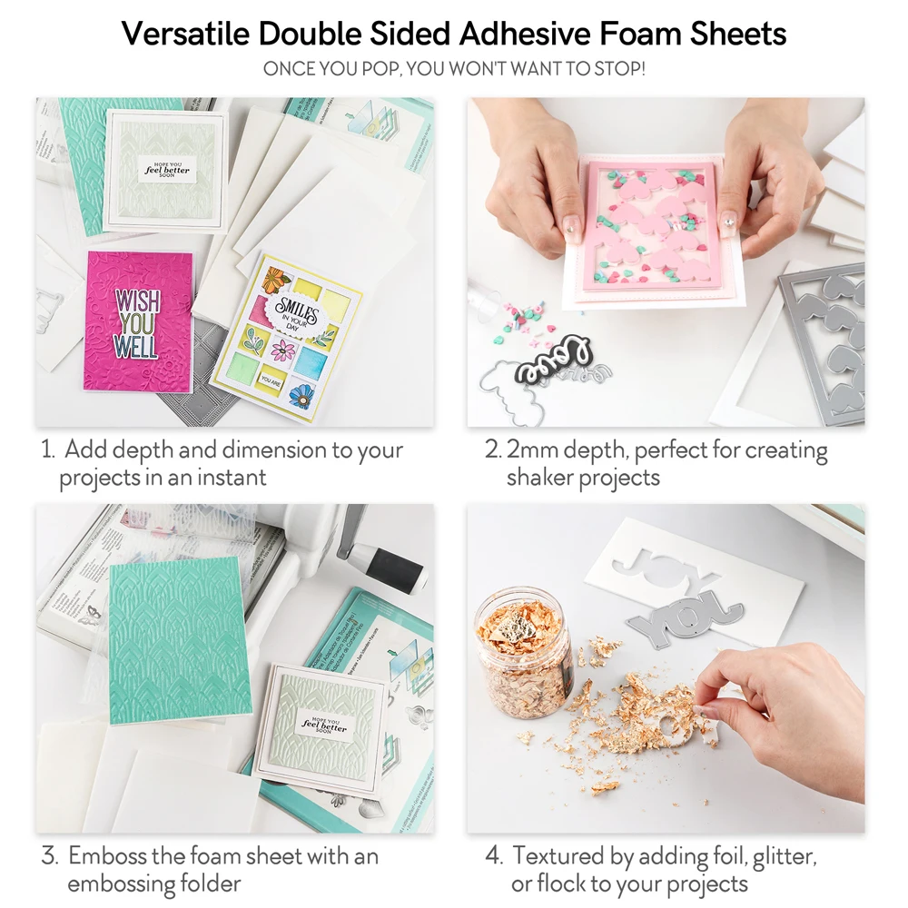 Craftelier - Kit adesivi in schiuma | Include 1600 quadrati, 160 strisce e 18 mm x 2 m di nastro in schiuma - Adesivi double face | Diversi spessori e dimensioni | Colore bianco