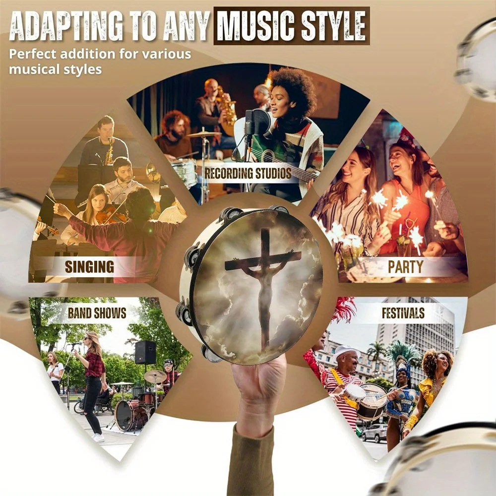 Crucifixion Tambourine Double Row Jingle Hand bell Clap Drum Party Musical Instrument 8/10-inch