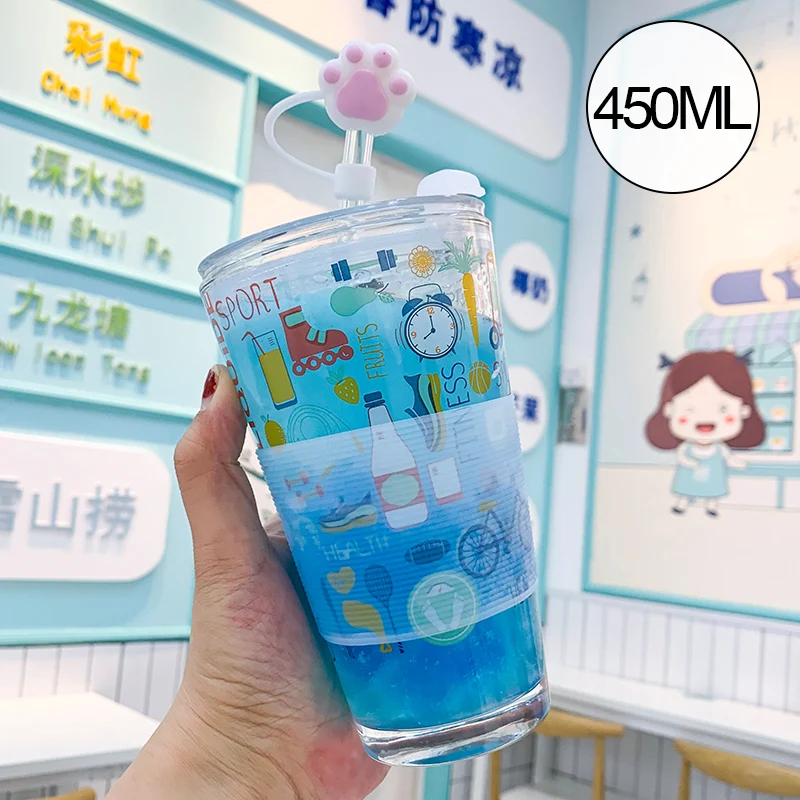 Cute Glass Straw Cup Bottle Reusable Creative Smoothie Tumbler with Straw  Water Bottle Kids Cartoon Gril Kitchen Accessories - AliExpress