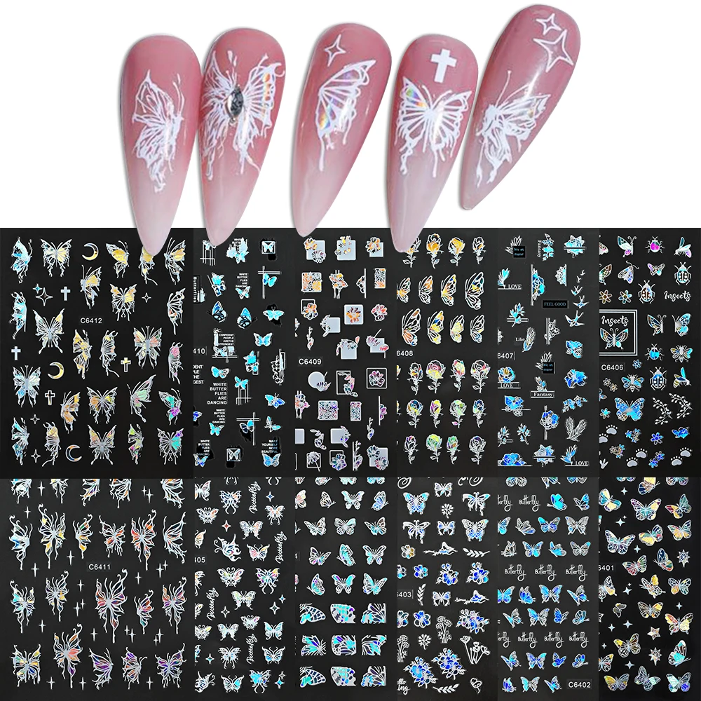 12pcs 반짝 이는 3D 홀로그램 나비 네일 아트 스티커 자기 접착 레이저 반짝이 네일 디자인 포일 DIY 매니큐어 장식 네일 아트