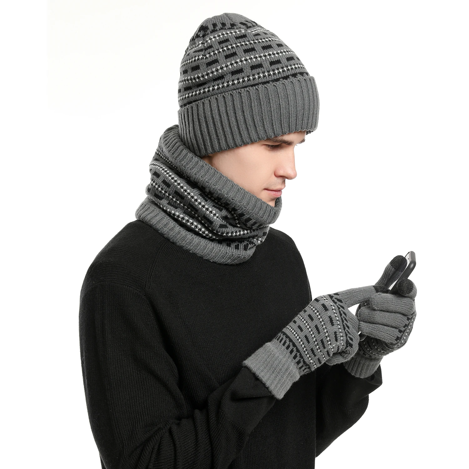 Men's Winter Keep Warm Set Unisex Beanie Telefingers Gloves Fleece Lining Scarf Male Woolen Yarn Knitted Muffler Neck Gaiter Hat 2