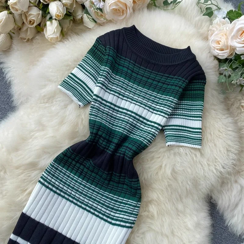 YuooMuoo Lady Stripes Knitted Bodycon Office Dress Summer Slim Elastic Sexy Package Hips Party Dress Women Outfits Vestidos 6