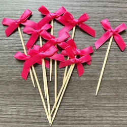 Set of 10 Pink Bow Cupcake and Cake Toppers for Coquette-Themed Parties and Bridal Showers (Rose Red Topper)