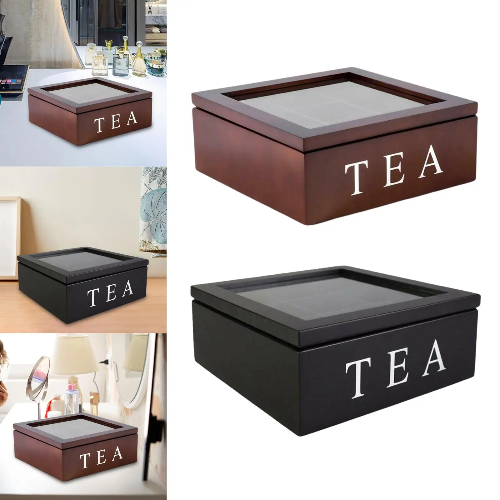 Tea Tin Box Tea Canister Airtight Container Wooden Tea Box with Viewing Window with Lid Home Tea Bag Box for Assorted Teas and Condiments Instant Coffee Packets Creamers