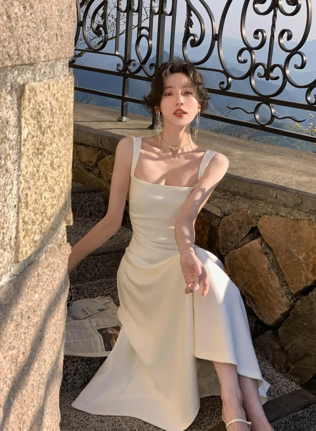 Spring New Elegant Square Collar Midi Party Dresses for Women Long Sleeve Black White Slim Vestidos Female High Waist Clothes