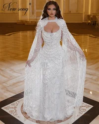 New Fashion White Mermaid Evening Dresses With Cape Sleeves Dubai Coutures Pearls Red Carpet Runway Dress Engagement Party Gowns