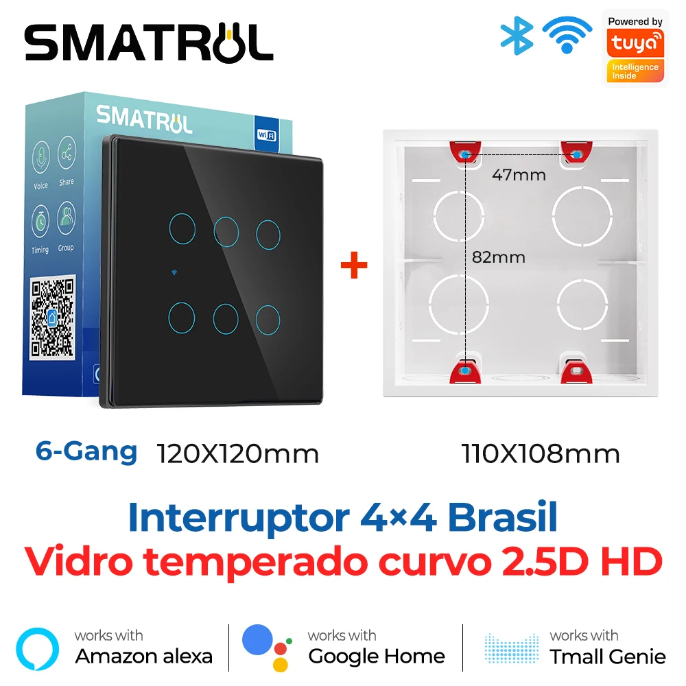 

Brazil 4x4 Tuya WiFi Smart Light Switch 4/6 Gang Touch Wall 110-240V Screen Panel APP Neutral Wire Work With Alexa Google Home