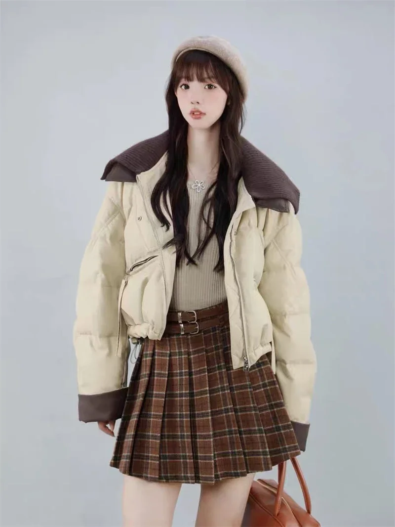 2025 Women Coffee Black Short Parkas Thicken Warm Long Sleeve Lapel Cotton Padded Coat Vintage Winter Student Jacket Streetwear