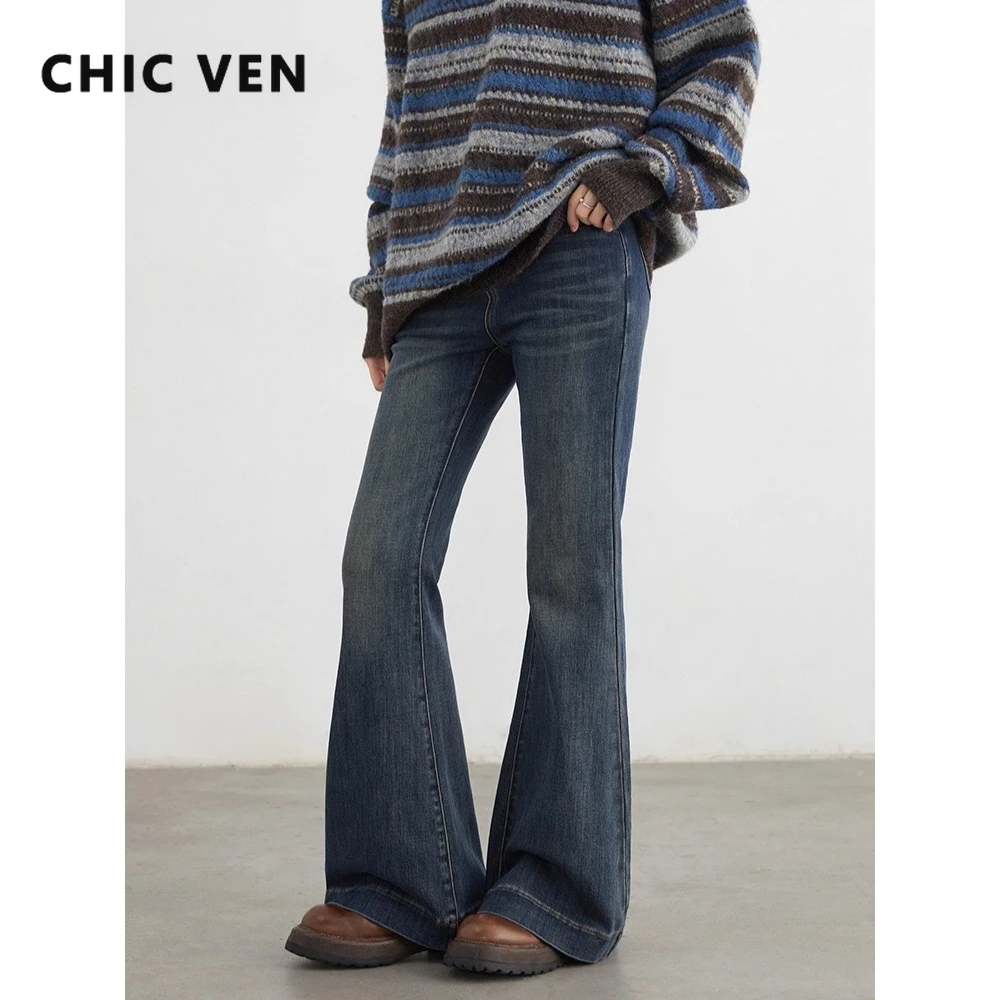 CHIC VEN Women Jeans New High Waisted Slightly Flared  Slim Female Denim Pants Blue Ladies Trousers Autumn Winter 2025