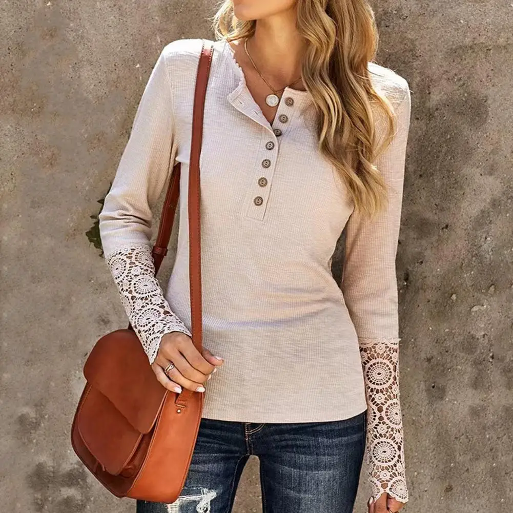 

Футболка женская свободного кроя, стильная кружевная майка с прострочкой, с половинчатой планкой, с длинным рукавом, Стандартный крой, летний наряд