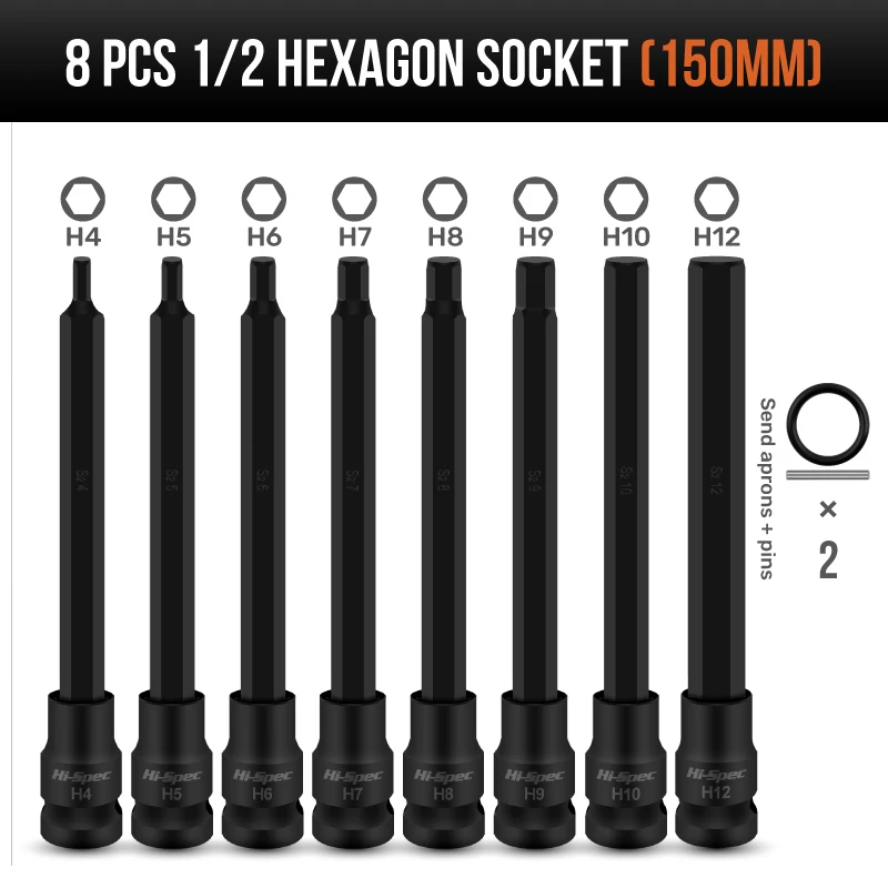 Hi-Spec 150 mm 8-teiliges Innensechskant-Set H4-H12 S2 Sechskantschlüssel-Längenadapter 1/2 CR-MO-Schraubendreher-Bits-Set mit Magnet – Detail 2