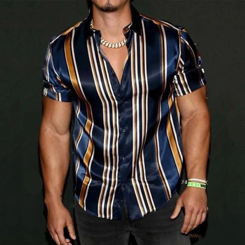 

Fashion Mens Casual Luxury Shirt Short Sleeve Hawaii Shirts 2023Summer New Vintage Striped Shirt For Men Blusas Camisa Masculina