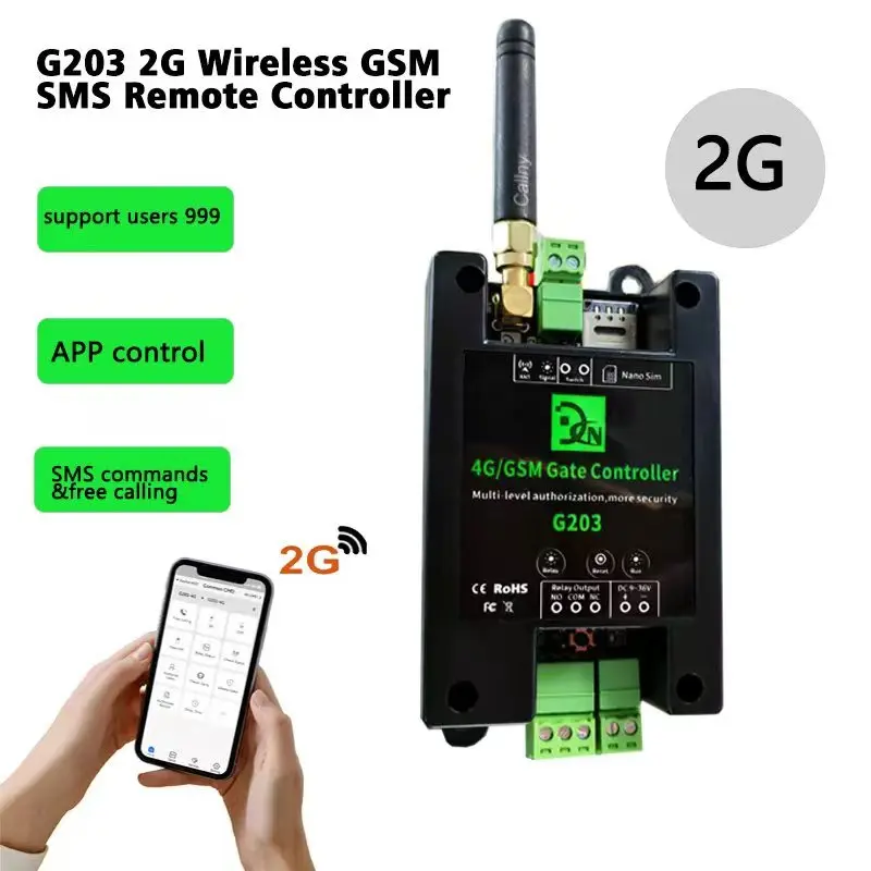 G203 2G/4G 무선 GSM SMS 원격 제어기 1채널 스위치 1 릴레이 출력 게이트 오프너 배리어 셔터 차고 문 오프너용