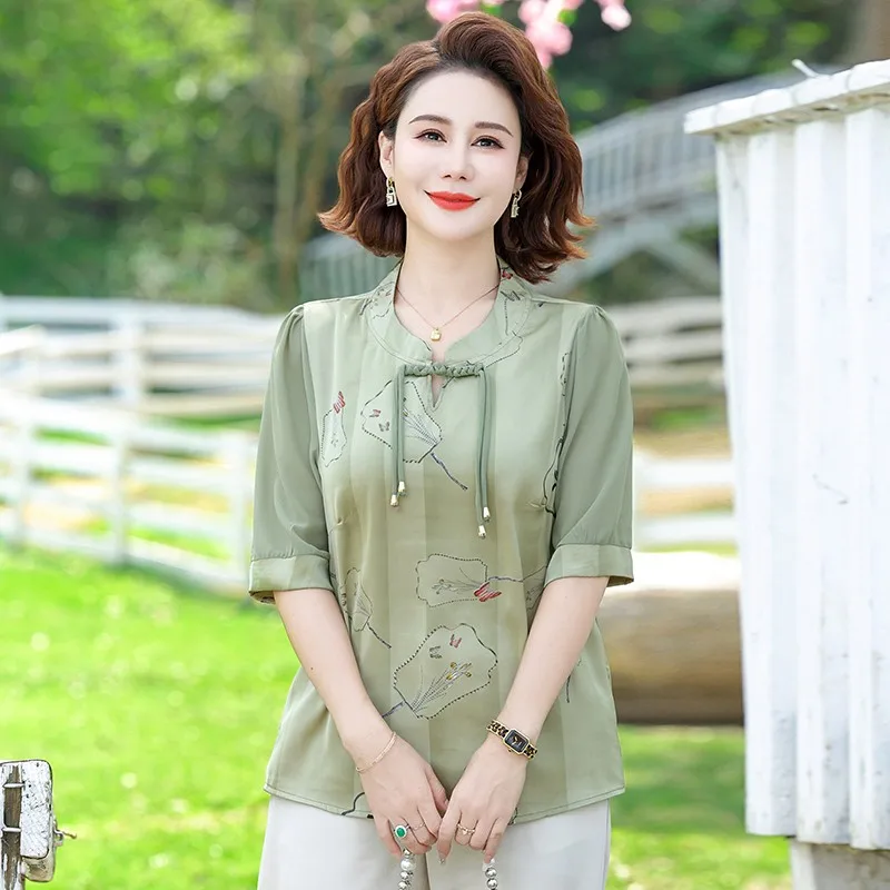 

Summer New Vintage Broken Flowers Blouse Commute Female Clothing Folk Casual Retro Chinese style Half Sleeve Shirt