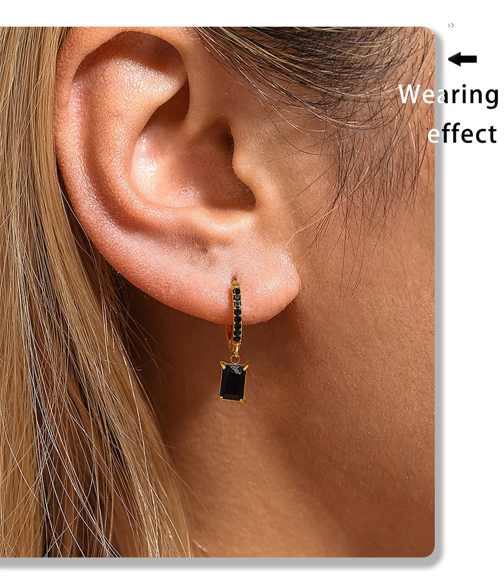 Exquisite Edelstahl Ohrringe für Frauen Quadrat Zirkon Anhänger Wasserdicht Vergoldet Luxus Ohr Hoop OL Schmuck – Detail 4