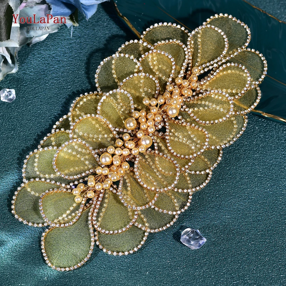 Handmade Mesh Flower Headband Women Gold Color Pearl Headwear Hair Accessories Rhinestone Wedding Headdress HP681