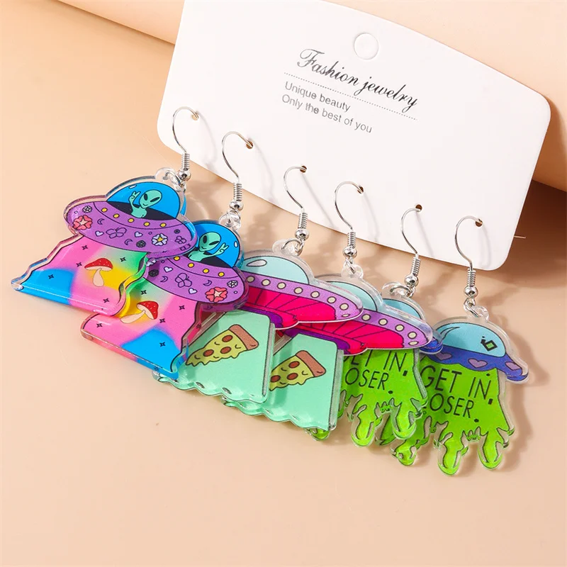 Aihua Niedliche Cartoon-Ohrringe aus Acryl, ET-Alien-Ohrringe, Kawaii, lustige UFO-Raumschiff-Ohrringe für Frauen, Mädchen, Kinder, Geburtstagsgeschenke