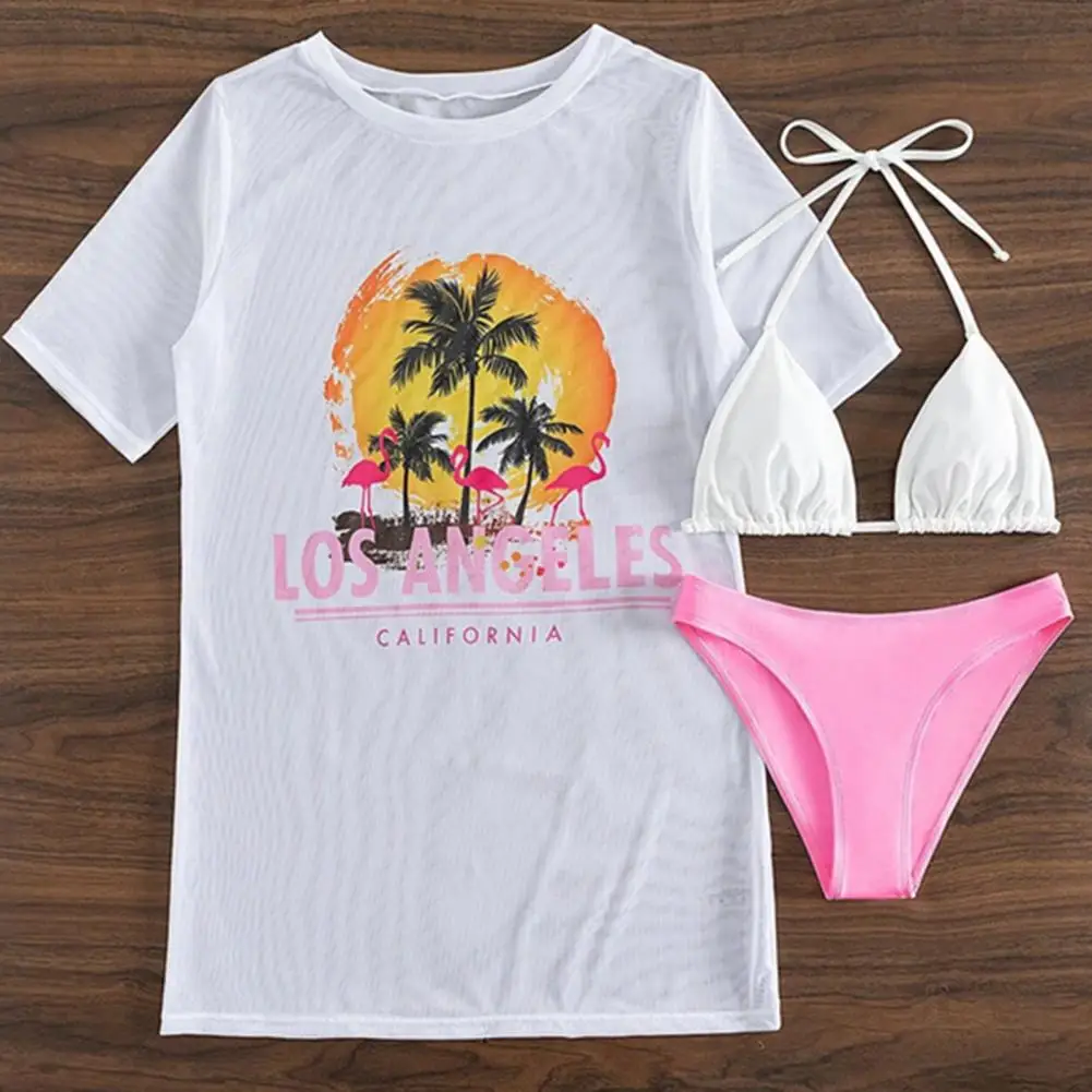 

Summer Lace-up Bikini Set Stylish Tropical Print Bikini Set with Lace-up Detail Cover Up Women's Swimsuit Beachwear for Summer
