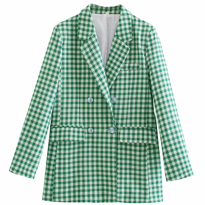 Za Green Plaid Casual Blazers Simple Autumn Notched Collar Double Breasted Woman Loose Long Jackets Female Checked Coat 2024