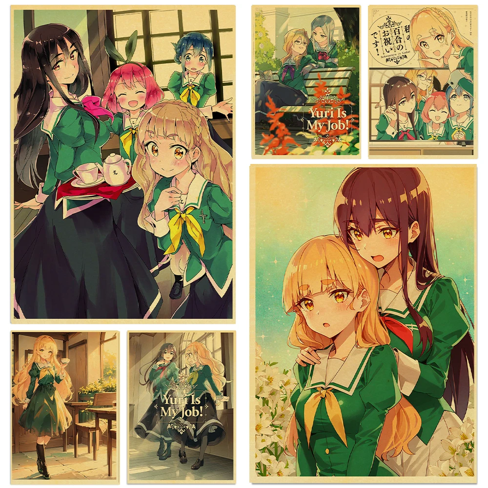 

Vintage Japanese Anime Yuri is My Job! Posters Catoon girl Manga Prints Kraft Painting Wall Pictures Home Bedroom Decor